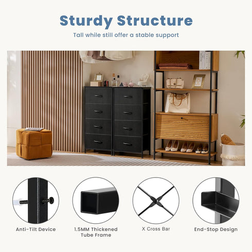 4 Closet DUMOS Nightstand with Drawers Bedside Table with Removable Fabric Bins Sturdy Steel Frame Wood Top Organizer
