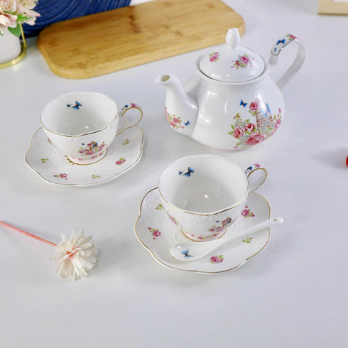 Eplze 2 sets YBK Tech Strengthen Porcelain Coffee Pot Ceramic Teapot- Pink Rose (Teapot+ of cup and saucer)