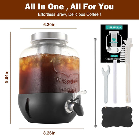 dailybrew 1 Cold Brew Coffee Maker, Gallon Iced Coffee Maker With Stainless Steel Filter, Heavy Duty Glass Cold Brew