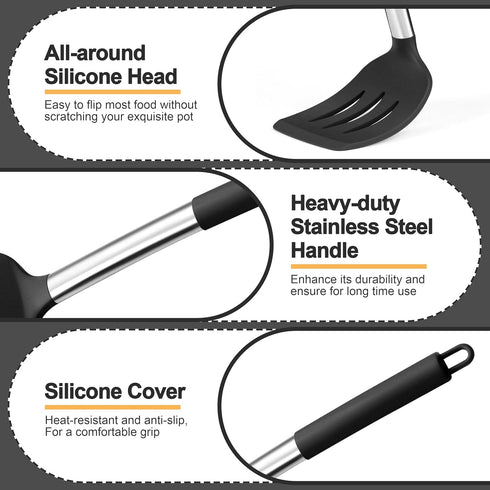 P&P CHEF Black Silicone Cooking Utensil Set of 4, Heat-proof Spatulas, Slotted Spoons, Turners for Non-stick Cookware