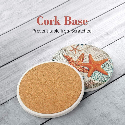 Teivio Absorbing Stone Sea Ocean Life Coasters, Cork Base with Holder, Set of 8 for Coastal Decor
