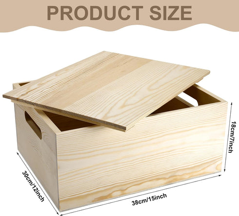 Spiareal Wooden Storage Box 15 x 12 x 7 Inches, Decorative Pine Crate with Hand Holes and Lid for Home Decor