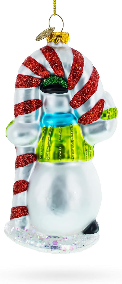 Snowman with The Mint Candy Cane Glass Christmas Ornament
