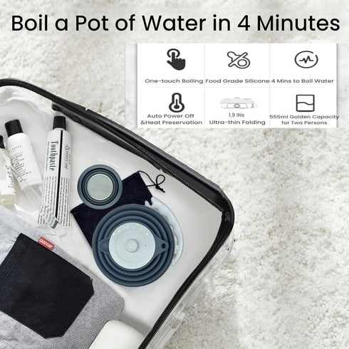 Travel Electric Kettle Small, Collapsible Portable Tea Kettle + Paperless Pour Over Coffee Dripper for Camping (Black)