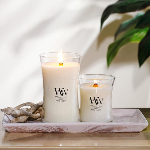 WoodWick Medium Hourglass Candle White Teak Premium Soy Blend Wax Pluswick Innovation Wood Wick Made in USA