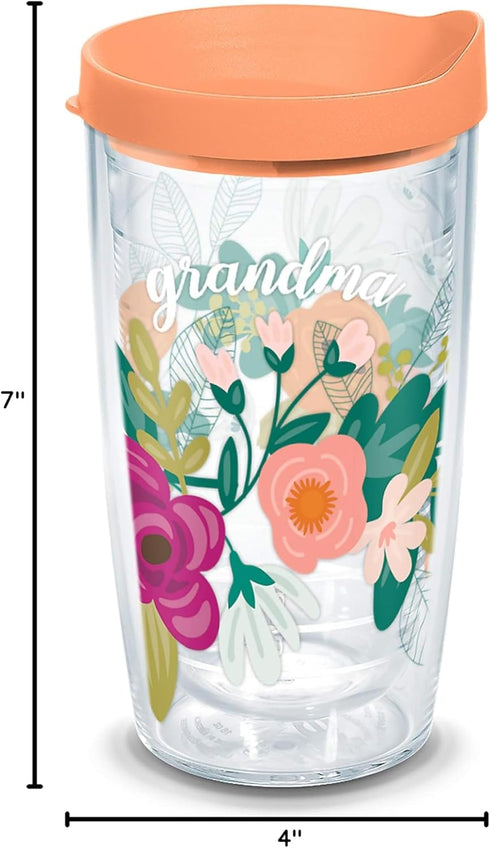 Tervis Grandma Floral Double Walled Insulated Tumbler Travel Cup – Keeps Drinks Cold & Hot, 16oz, Made in USA, Clear