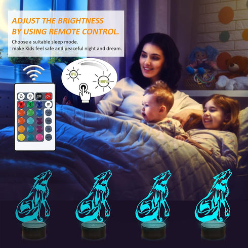 FULLOSUN Wolf Gifts, 3D Night Light for Kids, Optical Illusion Lamp with Remote Controller and 16 Color Changing