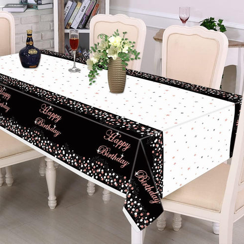 3 Pack Black and Rose Gold Tablecloths, Plastic Disposable Birthday Decorations, Rectangle Table Cover 51"x86" for