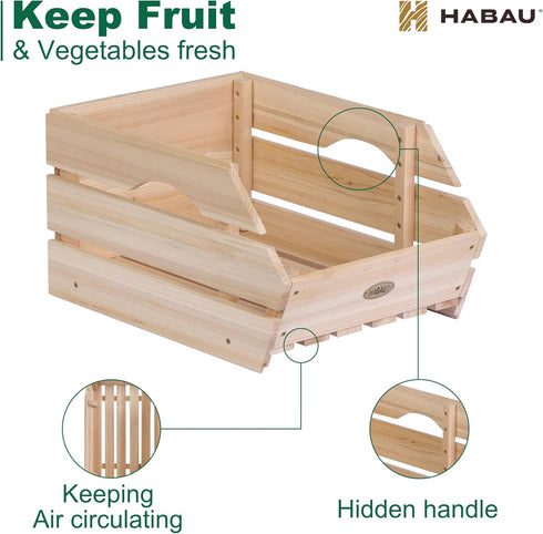 Wood Potato Onion Storage Bins, Stackable Wooden Produce Basket for Kitchen Pantry Organization, Set of 3 Pieces