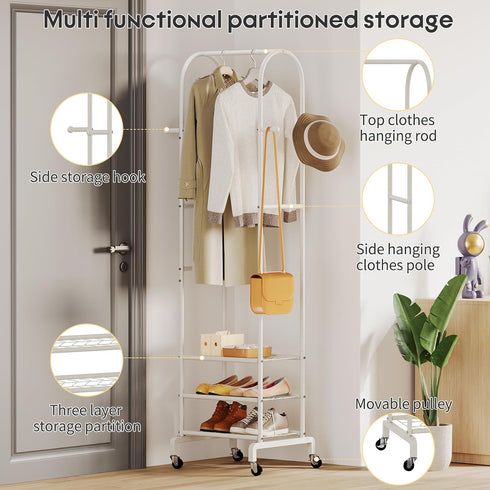 Furshus 4 Garment Rack with Wheels,Small Metal Coat Rack With Hooks,Freestanding Heavy Duty Clothing Rack with Shoe