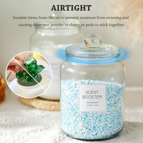 Laundry Pods Glass Jars - Set of 2 Half Gallon Airtight Containers with Scoop and Labels for Laundry Room Storage