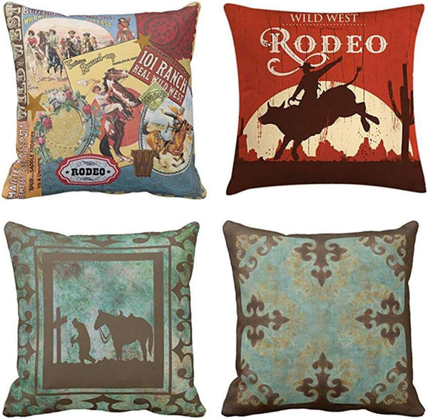 Emvency Set of 4 Vintage Western Cowboy Throw Pillow Covers, 18x18 Inches, Modern West Riding Bull Home Decor