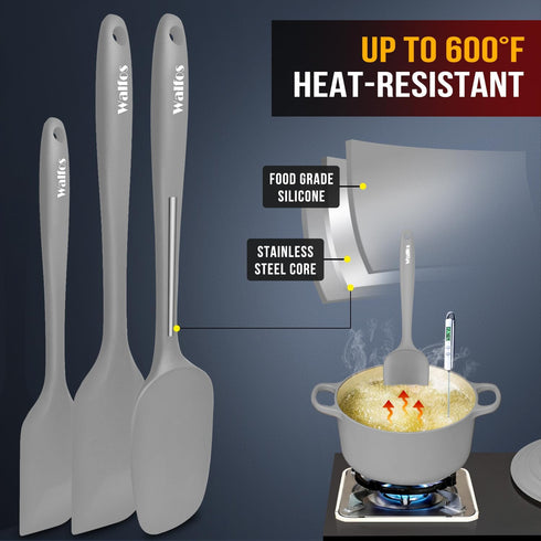 Walfos 7pcs Silicone Spatula Set - 600? Heat Resistant Scraper Spatulas with Stainless Steel Core, Gray