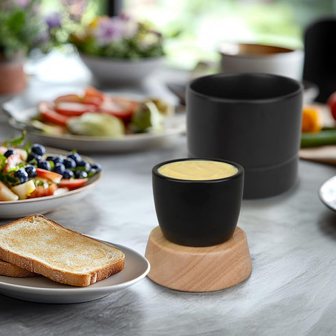 Countertop French Butter Dish,Samseel Porcelain Butter Crock with Water Line and Thick Wooden Lid, a Butter Keeper