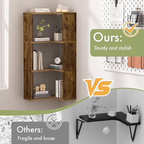 4-Tier Floating Corner Shelf, Floating Shelf for Wall, Wood Floating Book Shelf for Living Room, Bedroom, Bathroom