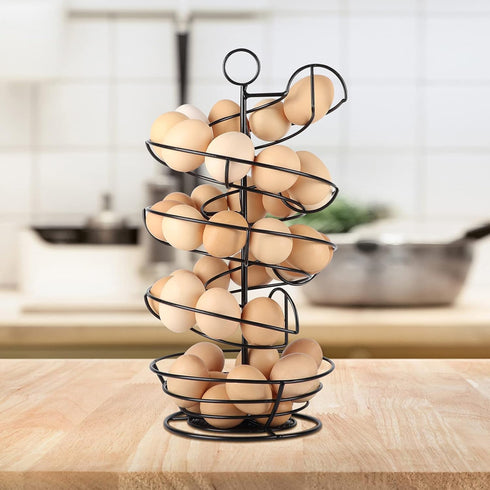 Countertop, QUTREY Black Metal Egg Skelter with Storage Basket, Spiral Design Egg Holder for Large Egg for Kitchen
