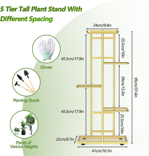 Facofaco 5 6 Tier Potted Gold Plant Stand Indoor Outdoor with Gardening Tools and Gloves, Upgraded Corner Metal Plant