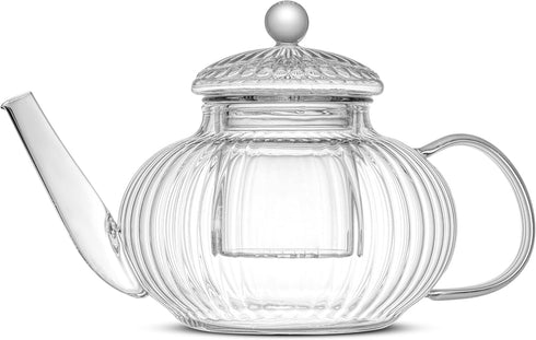 JoyJolt Fluted Glass Teapot Set 33.8oz w/Double Wall Glasses 13.5oz, Stovetop Safe Tea Kettle, Borosilicate Clear Tea Kettle with Removable Glass Infuser, Blooming and Loose Leaf Tea Maker Tea Brewer by JoyJolt