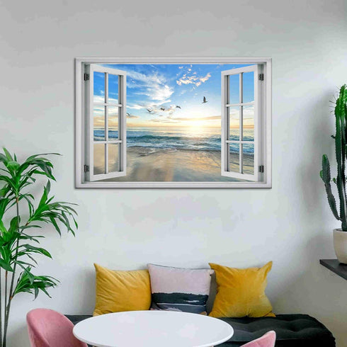 Beach Wall Decor Window View Posters - Ocean Seagull Landscape Picture Print on Canvas for Bedroom, Living Room