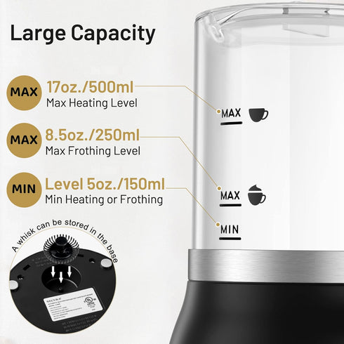17oz 4-in-1 Secura Detachable Milk Frother and Steamer, Electric Milk Warmer with Glass Jug, Hot & Cold Foam Maker