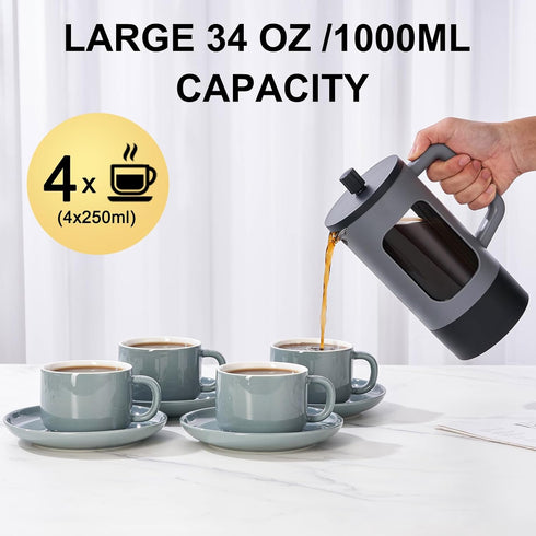 YOLIFE 34oz French Press Coffee Maker, 4 Cup, Heat-Resistant Borosilicate Glass, Portable Cold Brew (Grey/Black)
