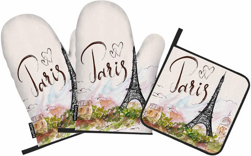 Paris Oven Mitts and Pot Holders Set, Eiffel Tower Pink Romantic City Heat Resistant 3pcs for Cooking