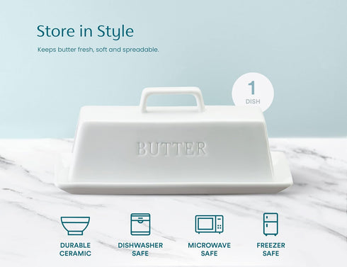 Countertop, Butter Dish with Lid for by Kook, Ceramic Dish Tray with Cover, Kitchen Keeper, Container, Holder (White)