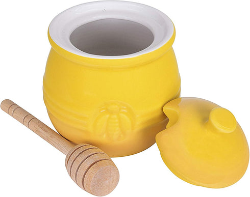 Whimsical Yellow Stoneware Honey Jar with Wooden Dipper