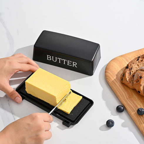 Countertop,Black Butter Dish With Cover And Knife,Food Grade Plastic Butter Holder With Lid For Dishwasher Safe Butter