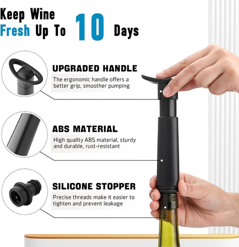 4 OWO Wine Vacuum Pump and Stopper, Wine Saver & Preserver, Reusable Air Remover Pump Keeps Fresh