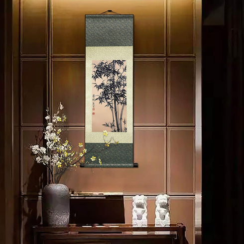 AtfArt Asian Wall Decor, Beautiful Silk Scroll Painting Bamboo Leaf Plant - Ancient Bamboo Oriental Decor (36.2 x 12 in)