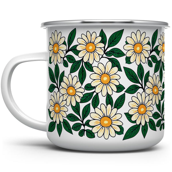Floral Daisy Enamel Camping Coffee Mug, Nature Botanical Gift Cup for Women, Mom, Daughter (12oz)