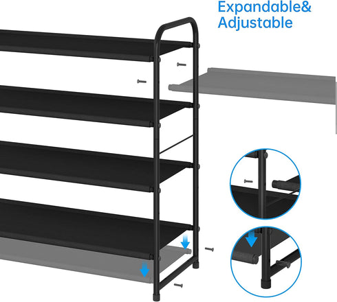 4-Tier Simple Trending Stackable Shoe Rack, Expandable & Adjustable Fabric Shoe Shelf Storage Organizer, Black