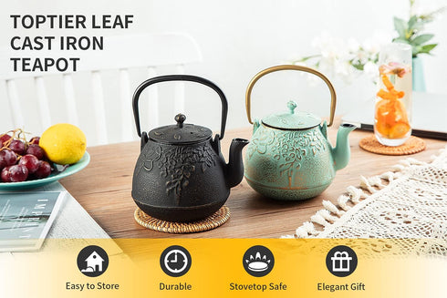 TOPTIER Japanese Cast Iron Tea Kettle - Humidifier for Stove Top, Leaf Design, 32 Ounce (950 ml), Black