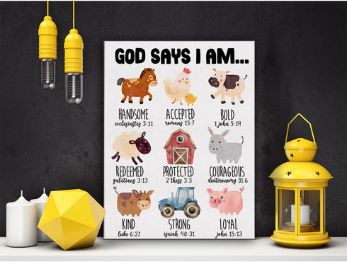 Hijie 12x15 Inch Inspirational Motivational God Says I Am Poster Canvas Wall Art for Nursery Home Decor Christian Farm