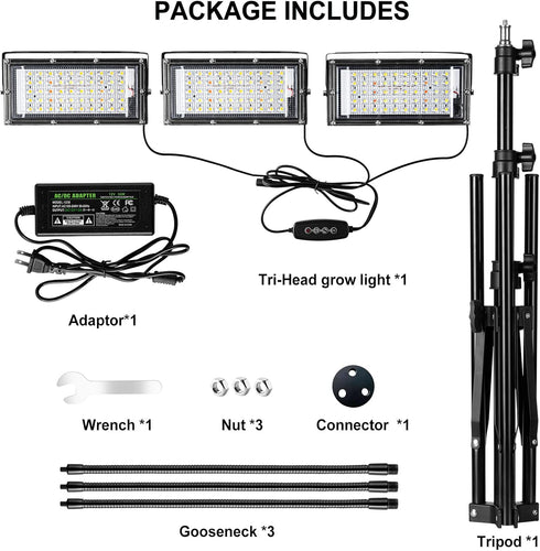 LBW 150 3/6/12H 6 Dimmable 3 15-63 inches Grow Light with Stand, Tri-Head LED Plant Light for Indoor Plants, Full