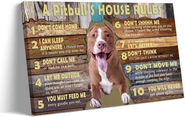 Pitbull Wall Art Dog Poster, Vintage Canvas Quotes Framed House Rules Poster for Funny Pet Living Room Decor (12x18