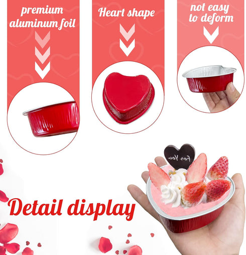 50Pcs Mini Heart Shaped Cake Pans with Lids, 100 ml Disposable Cupcake Cup, Mini Aluminum Foil Baking Cups, Red