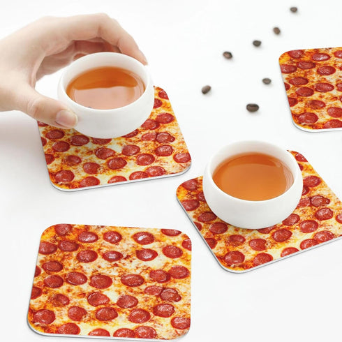 Set 4 Inches Set 6 Marble Coasters Square Leather Drinks Coaster with Holder for Coffee Table Bar Home Decor of (Pizza