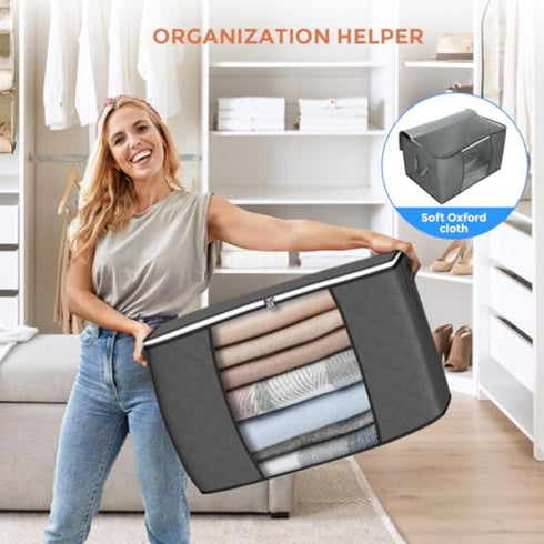 90 L Large Storage Bags, 6 Pack Clothes Storage Bins with Reinforced Handle for Clothing, Blankets, Pillows (Gray)