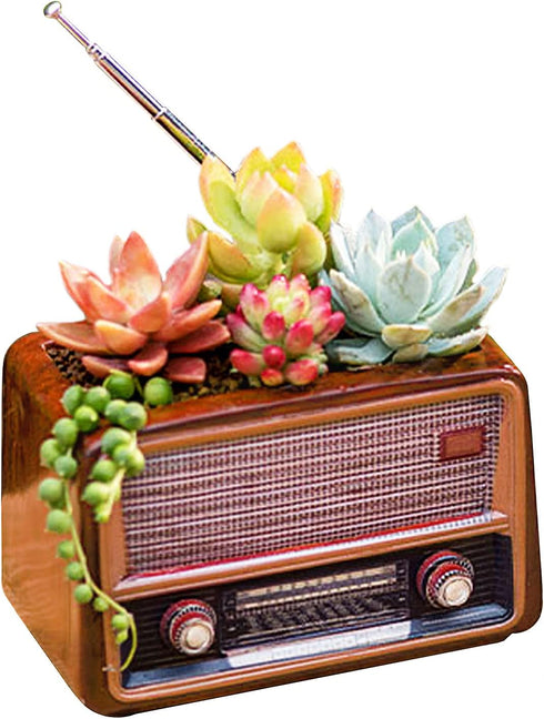 Wooden Pots, Mini Flowerpot, Retro Resin Succulent Planter Bonsai Pot Desk Holder Mini Ornament (Radio Natural)