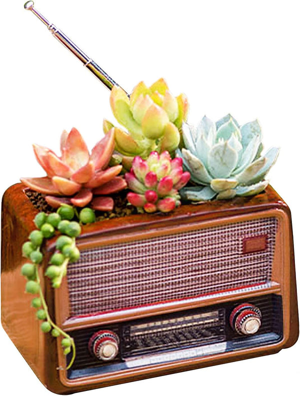 Wooden Pots, Mini Flowerpot, Retro Resin Succulent Planter Bonsai Pot Desk Holder Mini Ornament (Radio Natural)