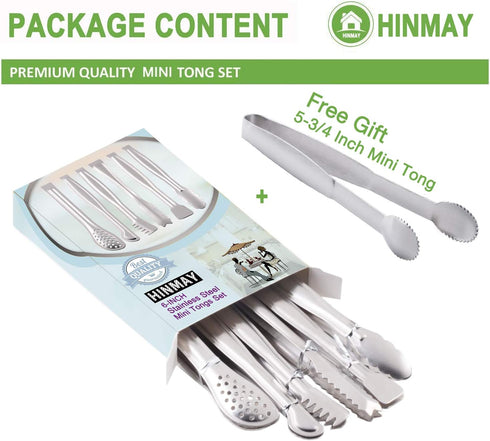 Small Serving Tongs Set, 6-Inch Appetizer Tongs, Stainless Steel Mini Tongs, Set of 6
