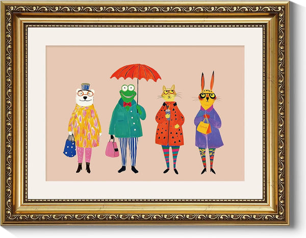 ARPEOTCY Framed Canvas Wall Art, 11x14 Whimsical Animal Family Illustration, Storybook Style