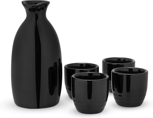 True Moga Sake Set, Japanese Style Pitcher and Tumbler Set for Sake, Four 3.5 oz Cups and One 8 oz Carafe, Fire Glazed