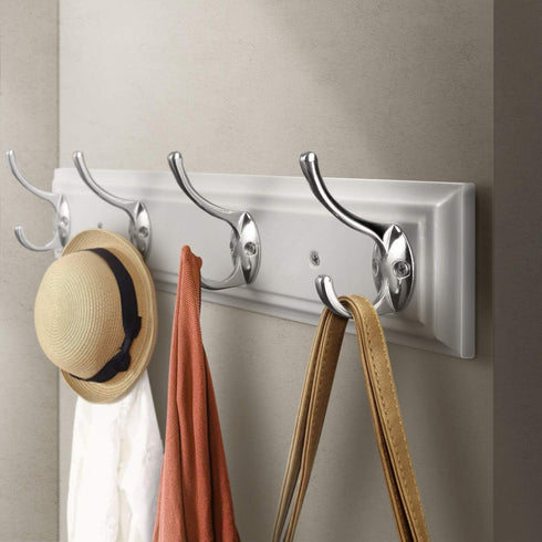 Coat Rack Wall Mounted White, 17" Wooden Modern Coat Hanger with 4 Hooks, Heavy Duty Zinc Alloy Wall Hook Rack