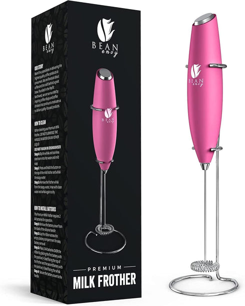 Bean Envy Handheld Milk Frother for Coffee, Electric Blender & Whisk with Stand for Lattes, Cappuccino, Raspberry