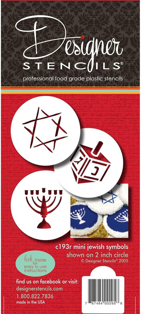 Designer Stencils Jewish Symbols Cookie and Cupcake Stencils, Small, Dreidel, Star of David, Menorah, Beige