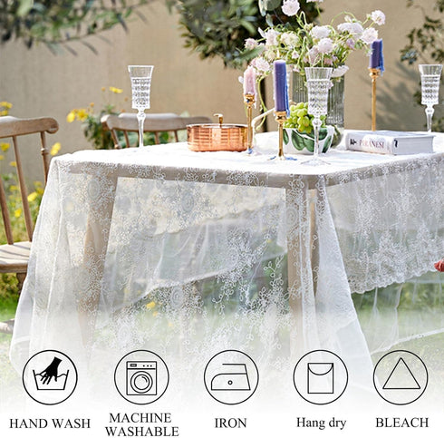 ShinyBeauty White Lace Party Tablecloth, Rustic Floral Fabric Rectangle Table Cover for Baby Tea Party