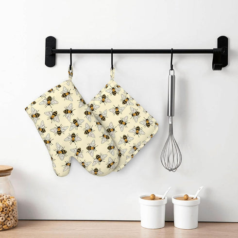 Happy Busy Bees Kitchen Mitts and Pot Holders Set, 4Pcs Silicone Bees Oven Gloves, Heat Resistant Potholders for Baking